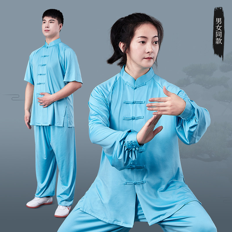 武士龙太极拳练功服女新款武术表演服牛奶丝短袖春秋太极服男套装_虎窝淘