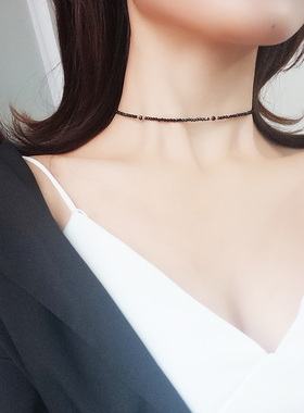 纯银锁骨韩黑尖晶石月光14k项链
