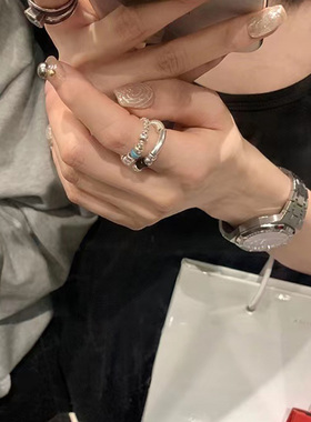 区区欧阳同款天然石串珠碎银戒指