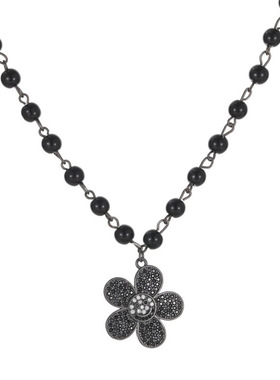 黑色串珠镶钻太阳花项链长款
