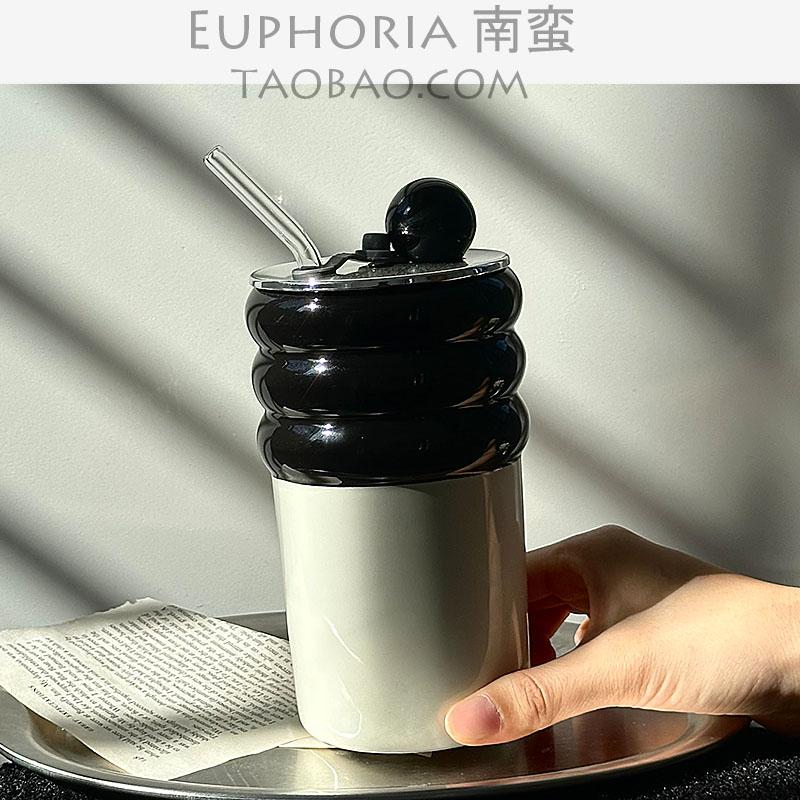 EUPHORIA赫本风小众陶瓷保温杯耐热水杯吸管杯随手杯冰美式咖啡杯 - 图0