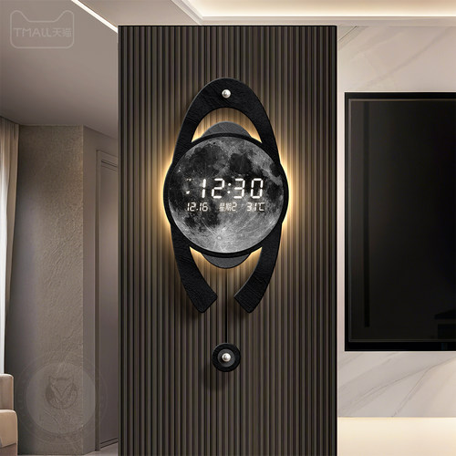 现代轻奢客厅挂钟高级感数显万年历电子时钟创意月球格栅壁灯钟表 - 图1