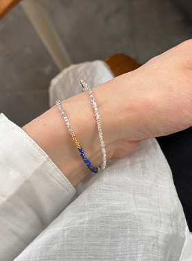 925纯银碎银子手链组合叠戴蓝色女韩国简约气质不规则切面手串