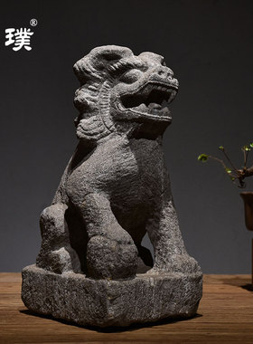 古旧手工雕刻石狮子案头摆件