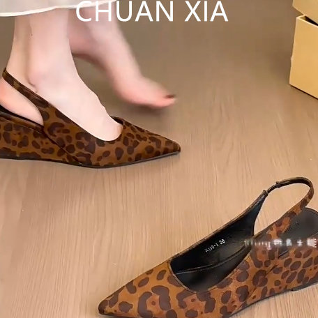 羊皮版~性感豹纹坡跟高跟鞋女真皮不累脚包头凉鞋后绊带尖头单鞋,淘宝优惠券,粉丝福利购,淘宝优惠卷