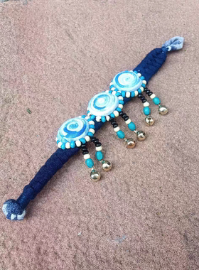 凤凰古城民族风纯手工扎染蓝色布艺铃铛花朵复古手链个性舞蹈手饰