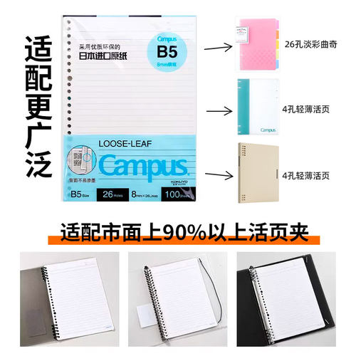 日本KOKUYO国誉活页纸Campus20孔/26孔/30孔方格空白横线点线活页本可拆卸线圈A4/B5/A5活页夹易撕线拓展替芯 - 图2