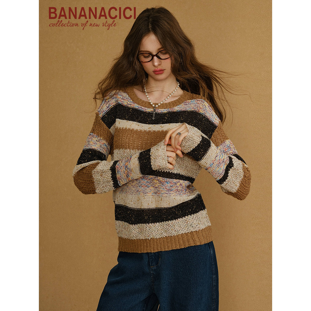 BANANA CICI2025年秋季新款特种纱设计感慵懒圆领条纹长袖针织衫,淘宝优惠券,粉丝福利购,淘宝优惠卷