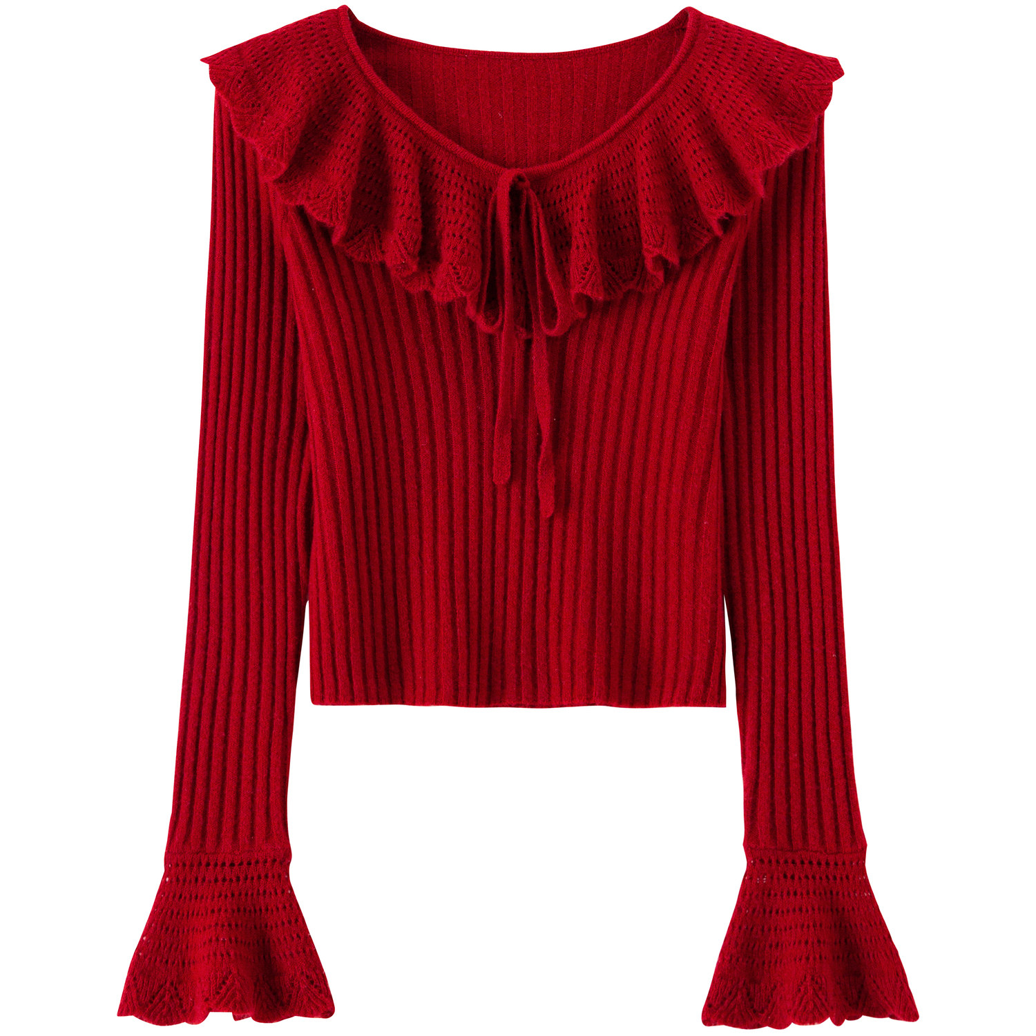 【绵羊毛】BANANA BABY2026年春季新款甜美荷叶领针织衫女喇叭袖,淘宝优惠券,粉丝福利购,淘宝优惠卷