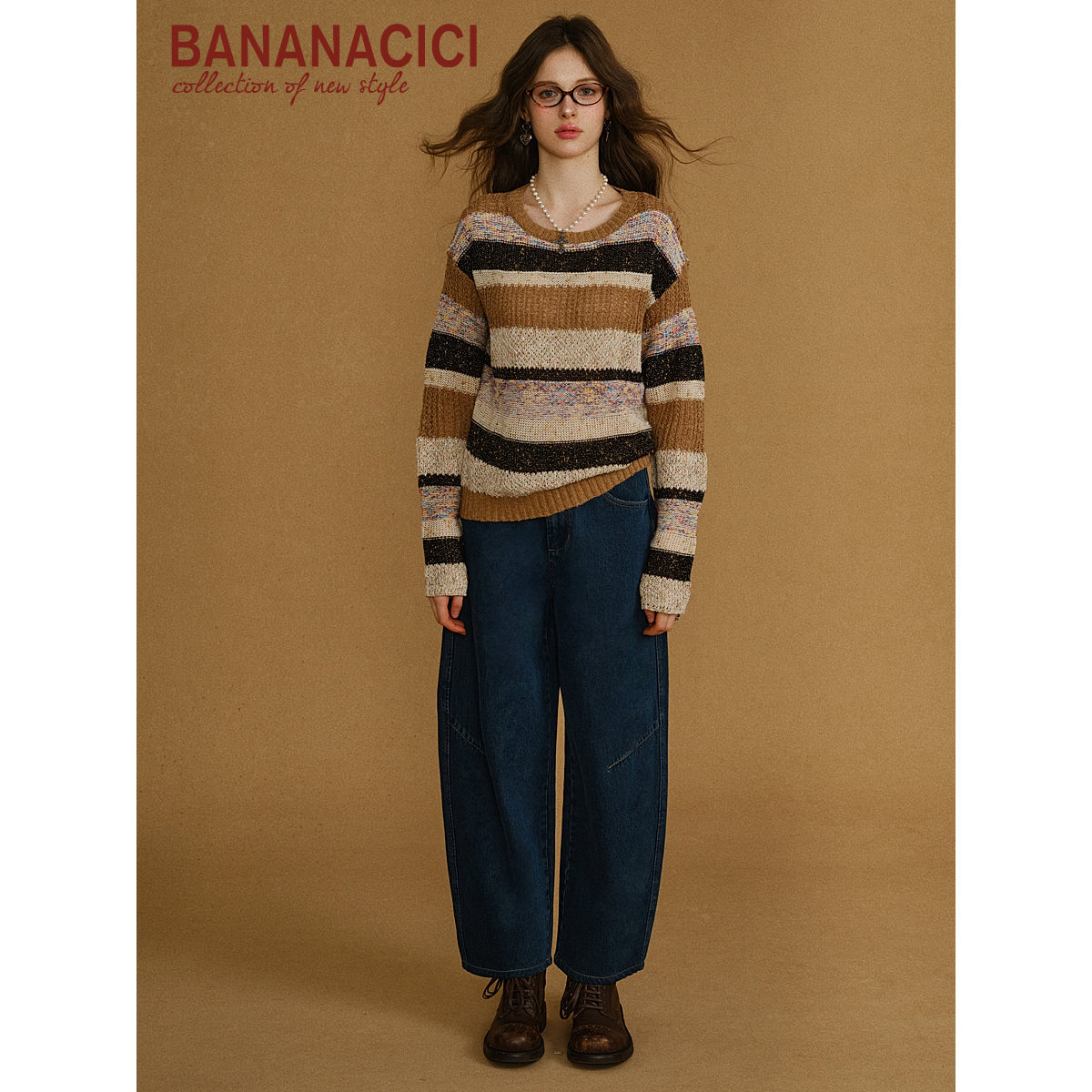 BANANA CICI2025年秋季新款特种纱设计感慵懒圆领条纹长袖针织衫,淘宝优惠券,粉丝福利购,淘宝优惠卷