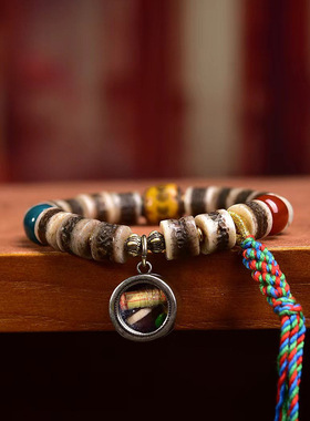藏传牦牛骨多宝镶嵌盘珠手串单圈药师玛瑙八卦回流骨文玩佛珠手链