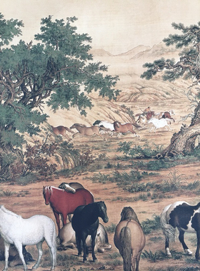 郎世宁百骏图客厅沙发办公室装饰画挂画名家字画复制卷轴画长卷