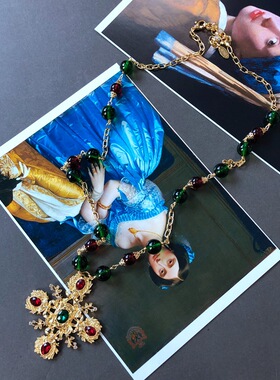 电镀真金古vintage红绿色琉璃圆