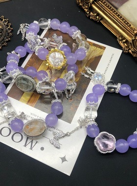 时尚优雅紫玉髓白水晶串珠手串铜