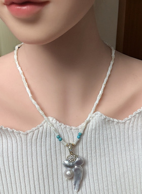 白色贝壳竹节项链彩色异形淡水珍