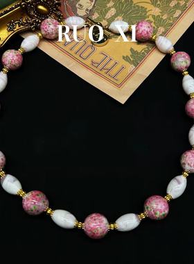 若曦vintage粉蛙皮点翠琉璃项链