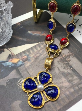 欧美复古彩色琉璃项链蓝色四叶花