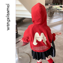 Girl Jacket Spring Autumn section 2023 Autumn loaded with new pure cotton Lianhood Vest Baby Long Sleeve Little Girl Child Blouse