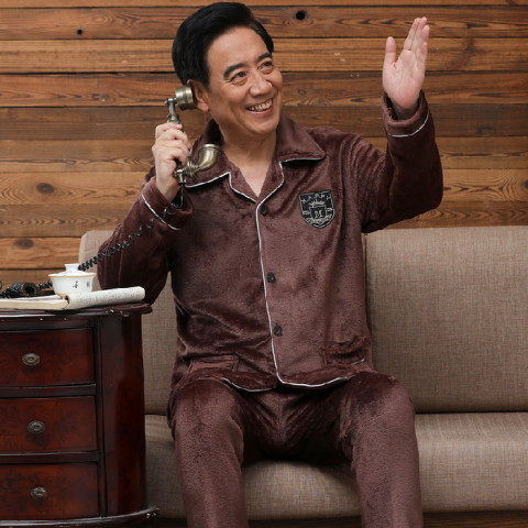 爸爸冬季加厚睡衣男中老年保暖休闲家居服舒服爷爷开衫外套法兰绒 - 图1