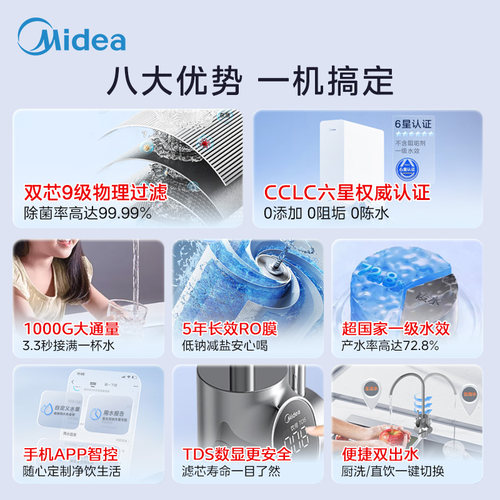 美的可爱多净水器0阻垢剂家用厨下母婴直饮净饮水机RO反渗透1200G - 图0