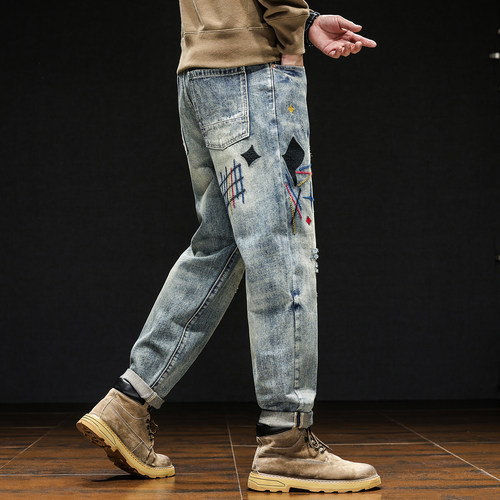 美式重工刺绣小直筒牛仔裤男士高街潮牌宽松休闲潮流百搭长裤春秋 - 图2