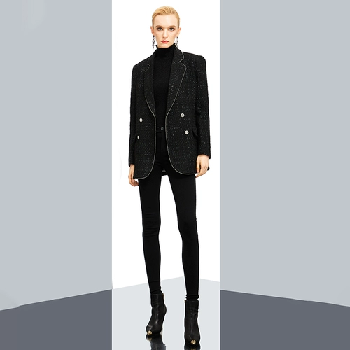 Зимний пиджак классического кроя, черная шерстяная куртка, в стиле Шанель