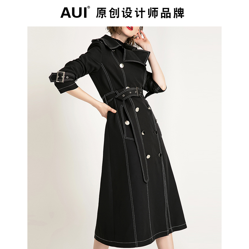 欧洲站黑色气质风衣长款2019秋冬风 aui风衣