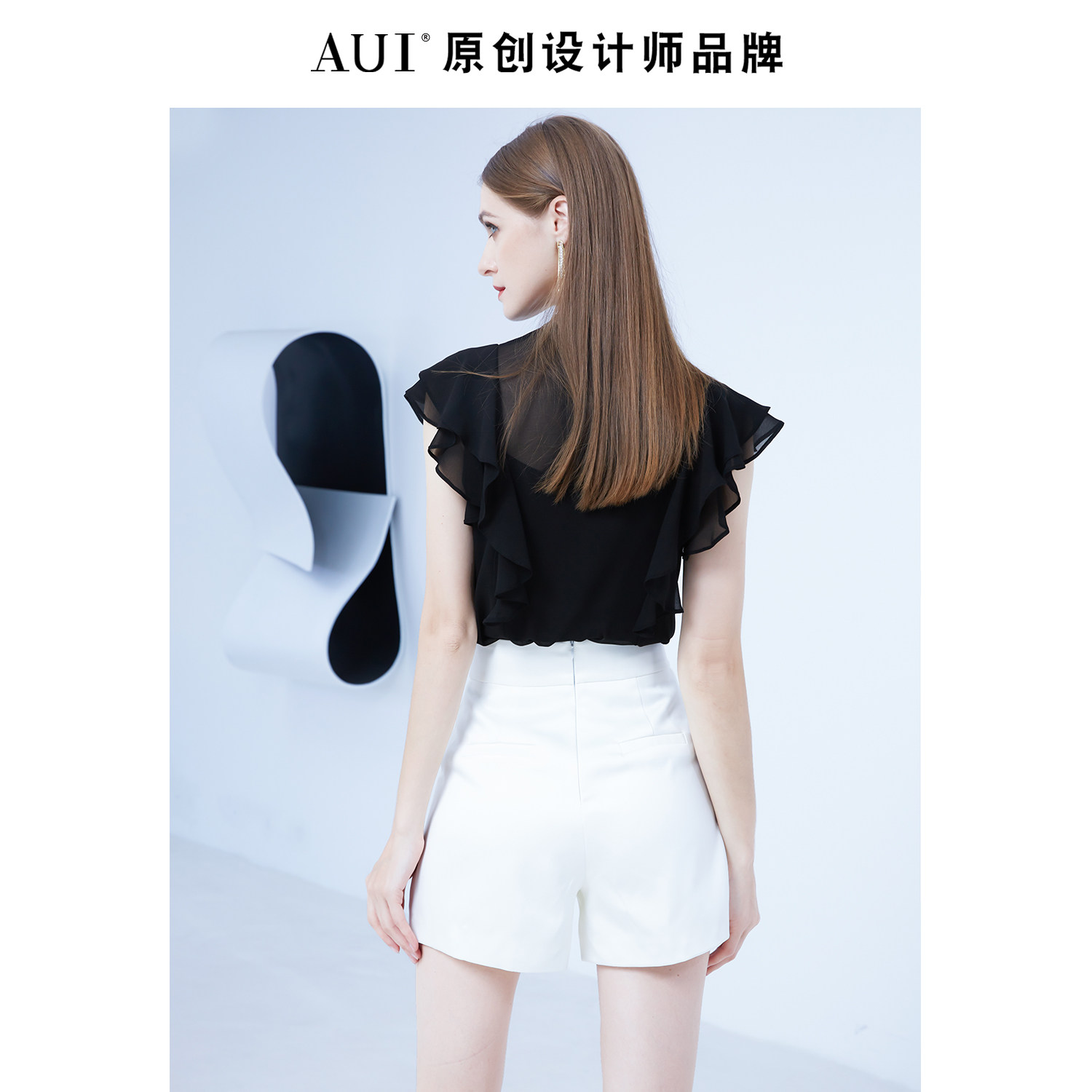 aui黑色荷叶边立领蕾丝衫2022吊带 aui蕾丝衫/雪纺衫