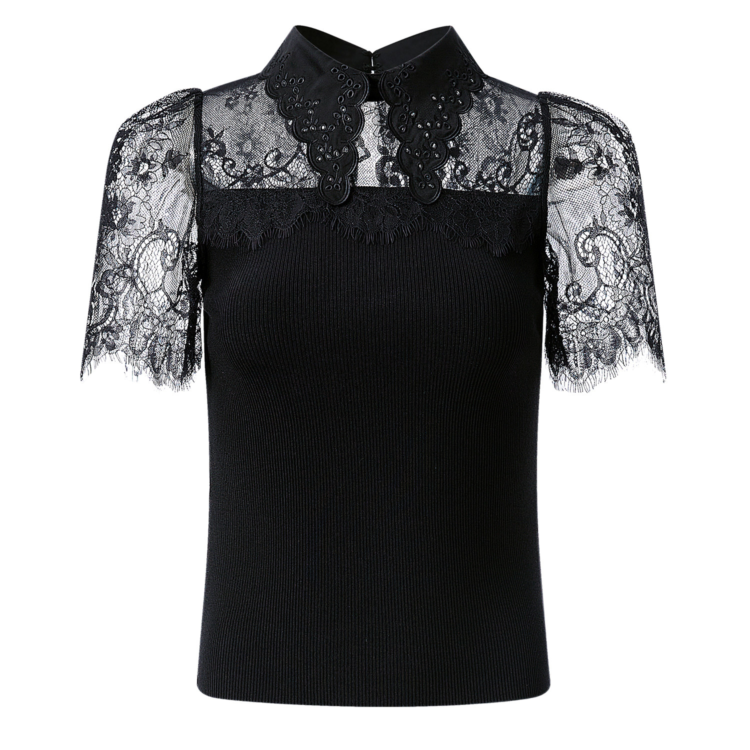 aui黑色蕾丝网纱拼接女春装针织衫 aui毛针织衫