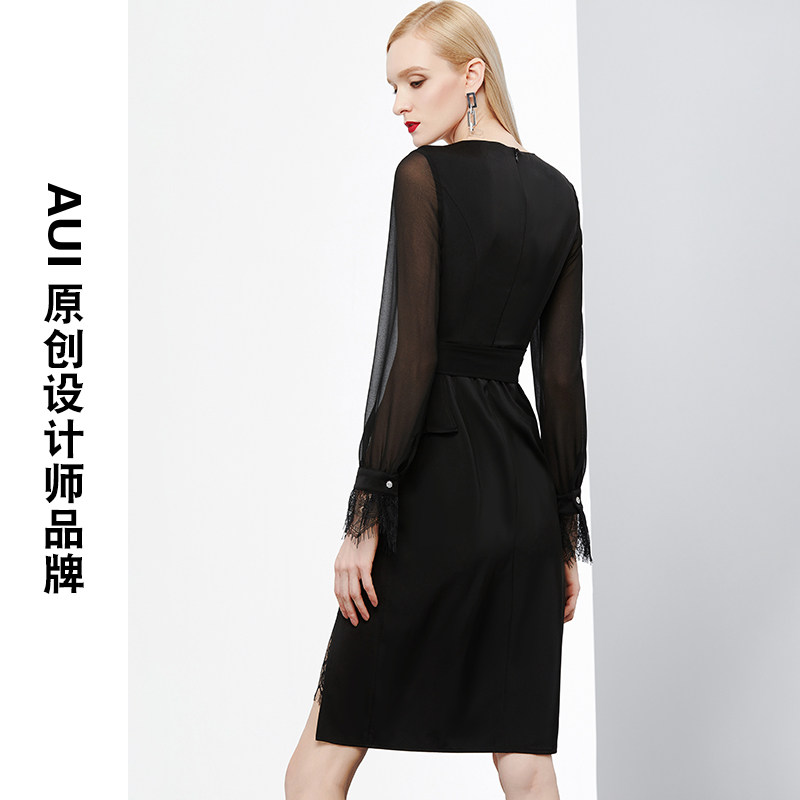 欧货黑色收腰显瘦气质v领女连衣裙 aui连衣裙