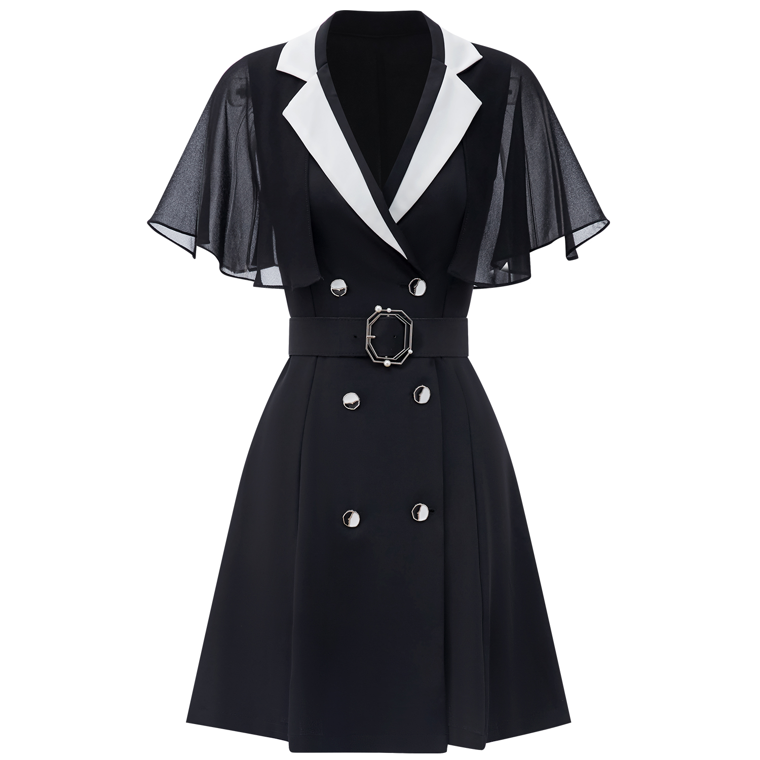 AUI黑色职业雪纺西装连衣裙女2023夏季新款设计感高级小众西服裙 - 图3