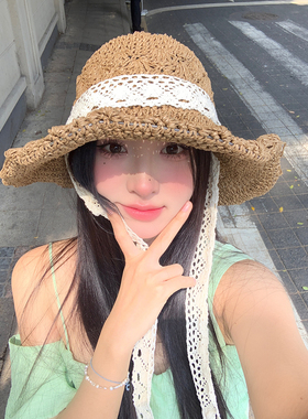 防晒遮阳帽子蕾丝拼接系带草帽女