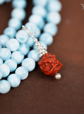 s925银南红文玩佛珠配饰卡子挂件