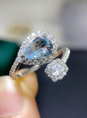 天然海蓝宝戒指主石7*10mms925银镶嵌  保色不掉色