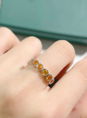 天然黄蓝宝戒指开口可调节小排戒s925纯银镶嵌3mm女不挑指围