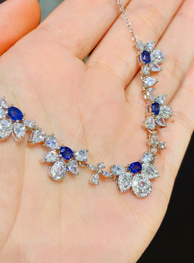 泰国一手货源s925纯银项链女款镶嵌天然蓝宝石项链银镀18k金