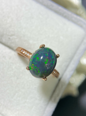 天然欧泊彩色宝石925银镀18k金戒指开口可调节主石9*11mm