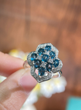 托帕石通体S925纯银天然彩宝托帕石蓝活口可调节戒指礼物3*4m