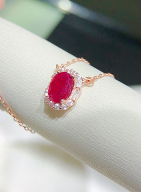 高品质天然红宝石项链6*8mm925银精工镶嵌大克拉超美红宝石锁骨链