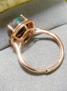 10x14简易四爪黑色欧泊镶嵌戒指弦彩七彩宝石变彩银饰品纯银银饰