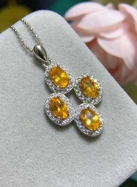 s925银镀金镶嵌天然芬达石榴石吊坠项链锁骨链时尚百搭送女友礼物