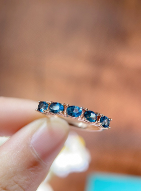 纯天然伦敦蓝蓝托帕石戒指3*4mm925银精工镶嵌玫瑰金色