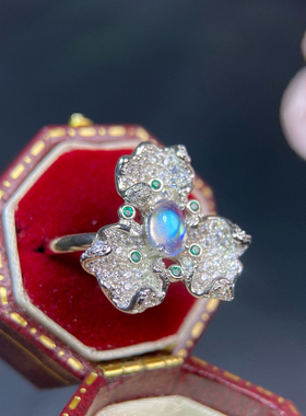 天然月光石戒指精品蓝月光玻璃体微棉颗颗强蓝光活口925银精工镶