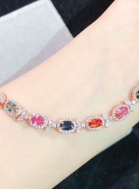满圈镶尖晶石手链 渐变色搭配直径4*6mm 彩虹色 天然缅甸尖晶石