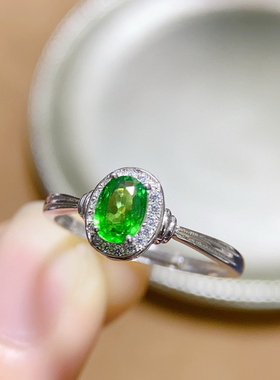 天然绿宝石沙弗来戒指主石4*6mm精工925银镶嵌开口戒指