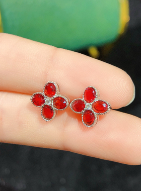 925银镶嵌天然红蓝宝耳钉耳饰女款气质时尚百搭高档红色蓝宝石