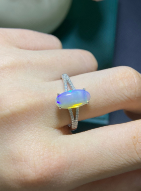 s925纯银设计天然欧泊戒指满火彩颜色靓丽s925纯银精镶