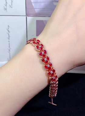 奢华天然红宝石手链玻璃体  鸽血红3*4MM满圈镶嵌 超大气s925银
