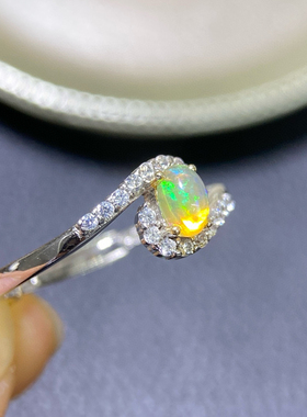 戒指925银礼物主石天然精工镶嵌澳宝欧泊特惠白欧泊戒指指环