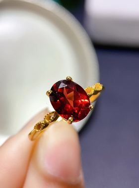 大克拉天然鸽血红酒红石榴石宝石戒指纯银镀18K金镶钻活口女